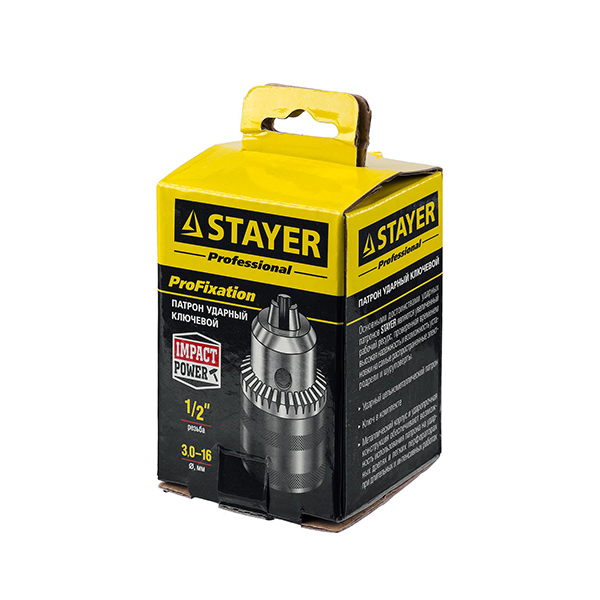 Патрон ударный STAYER "PROFESSIONAL" c ключом в комплекте, посадочная резьба 1/2" 3.0-16мм